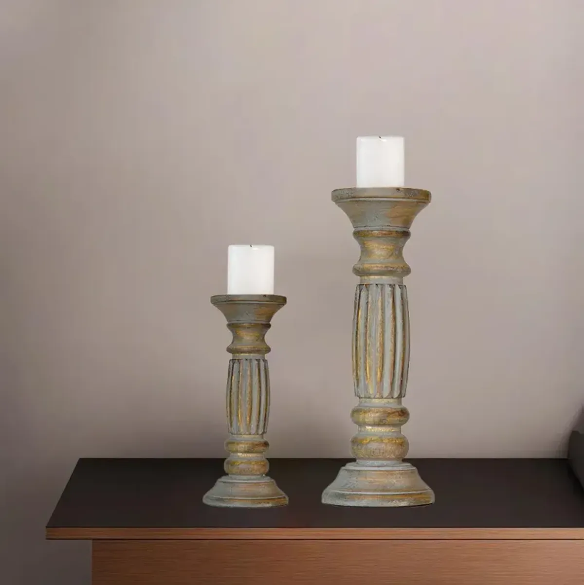 Traditional Gray Wash Eco-friendly Handmade Mango Wood Set Of Two 9" & 12" Pillar Candle Holder
