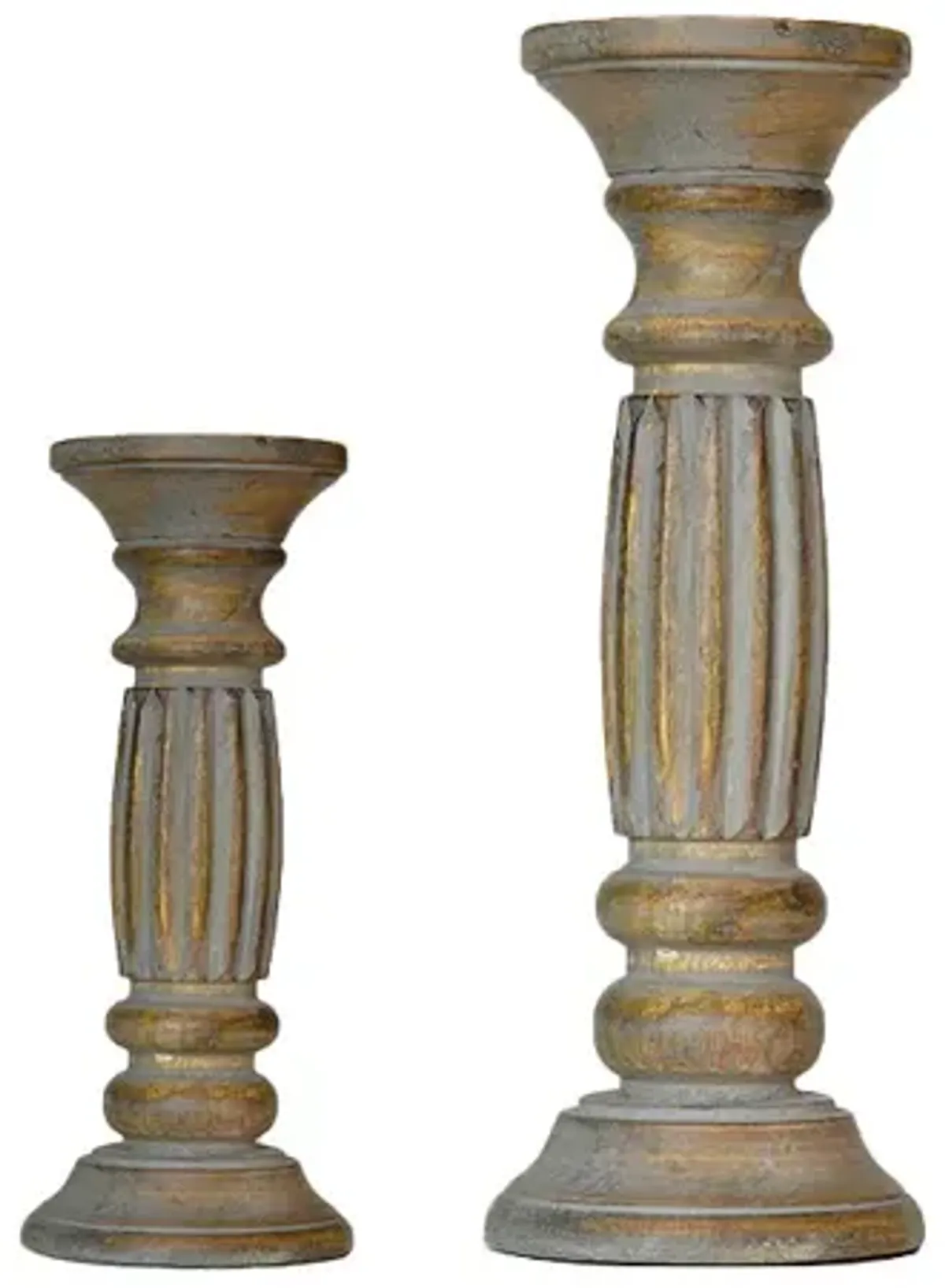 Traditional Gray Wash Eco-friendly Handmade Mango Wood Set Of Two 9" & 12" Pillar Candle Holder