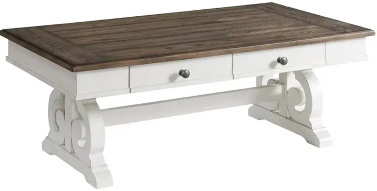 Coffee Table, 50x28x19 in Rustic White & French Oak