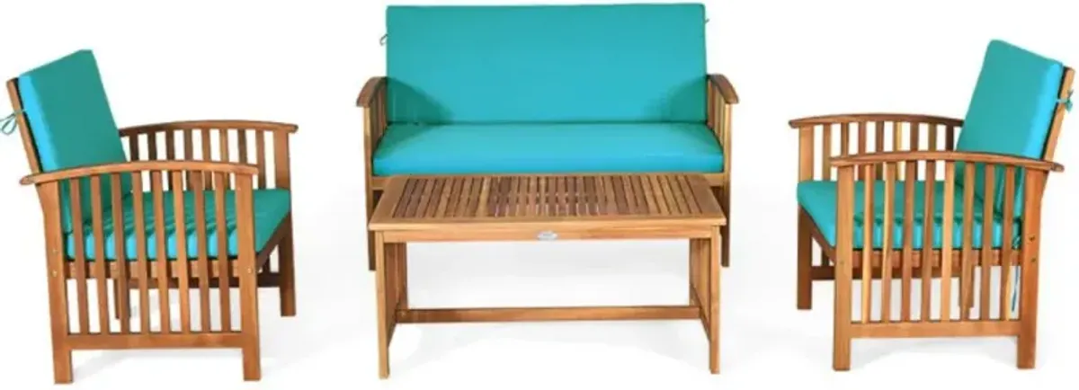 Hivvago 4 Pieces Patio Solid Wood Furniture Set with Water Resistant Cushions