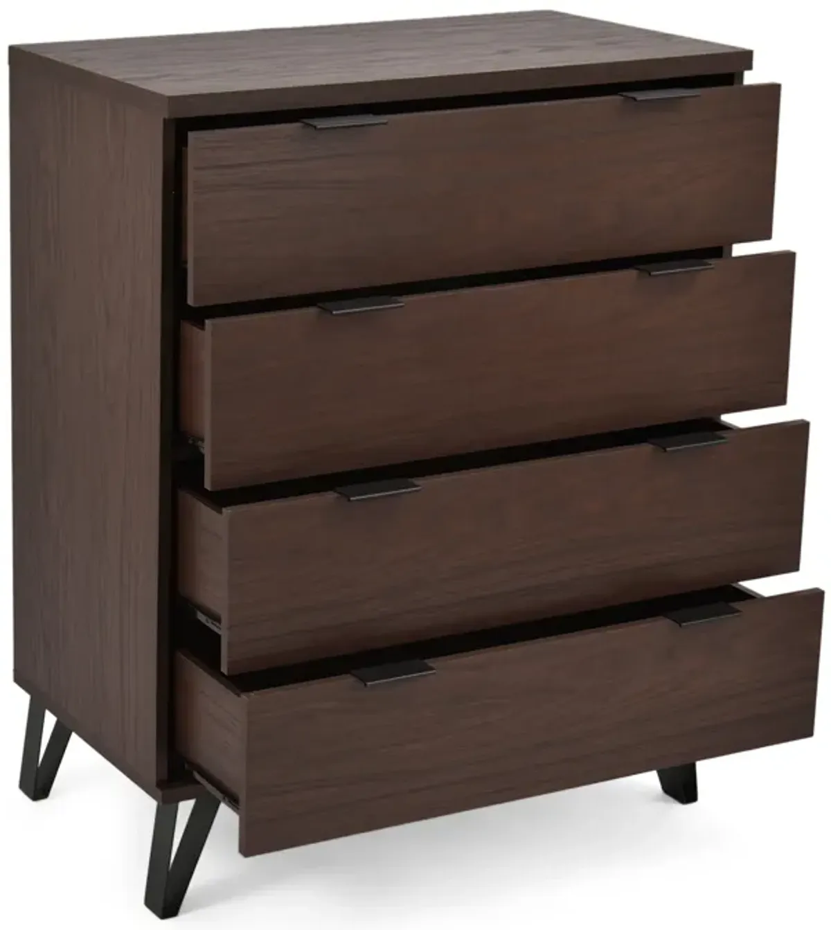 Shaily 4 Drawer 31x18 Wide Dresser Chest, Hairpin Legs, Walnut Brown -Benzara