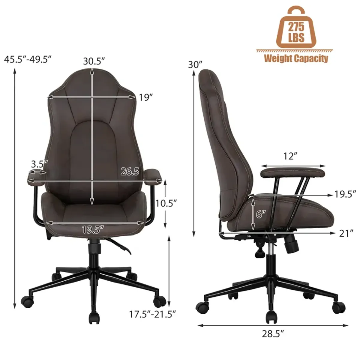 Costway High Back Ex ecutive Office Chair Adjustable Reclining Task Chair Armrest