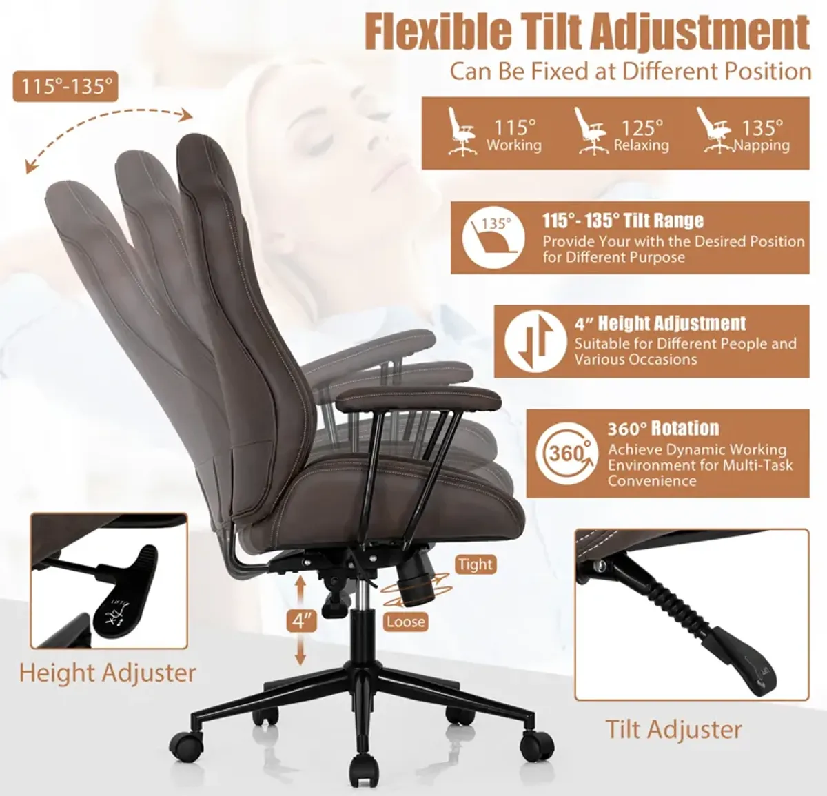 Costway High Back Ex ecutive Office Chair Adjustable Reclining Task Chair Armrest