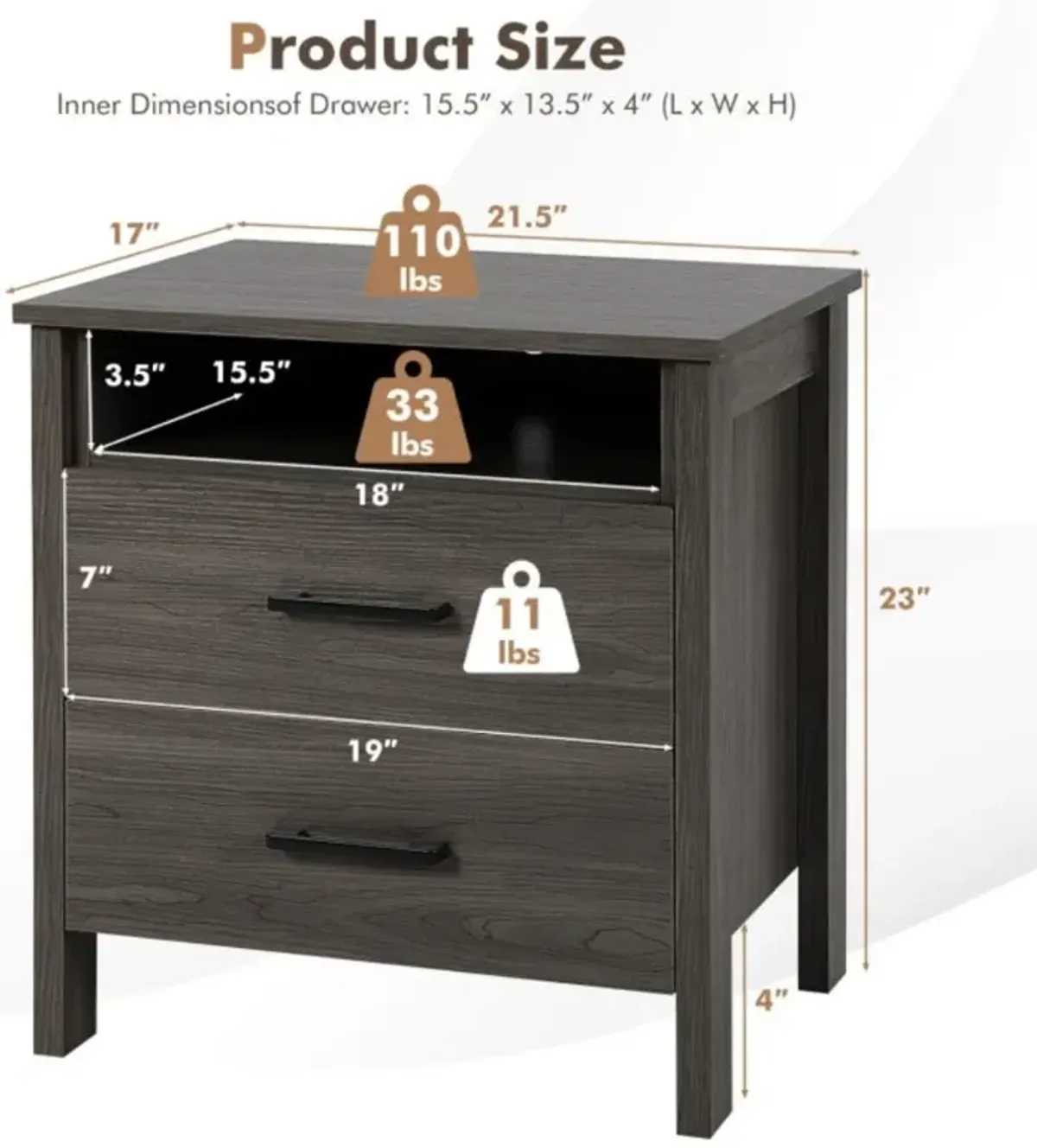 Hivvago Modern Wood Grain Nightstand with Cable Hole and Open Compartment