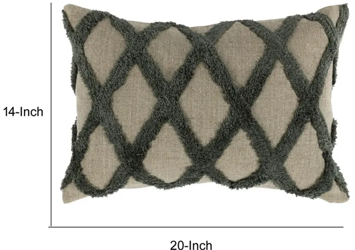 Lo 14 x 20 Lumbar Linen Accent Throw Pillow, Tufted Diamond Pattern, Green-Benzara