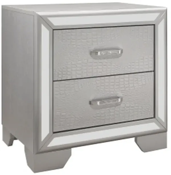 Aisha 24 Inch 2 Drawer Nightstand, Embossed Front, Mirror Trim, Silver Wood-Benzara