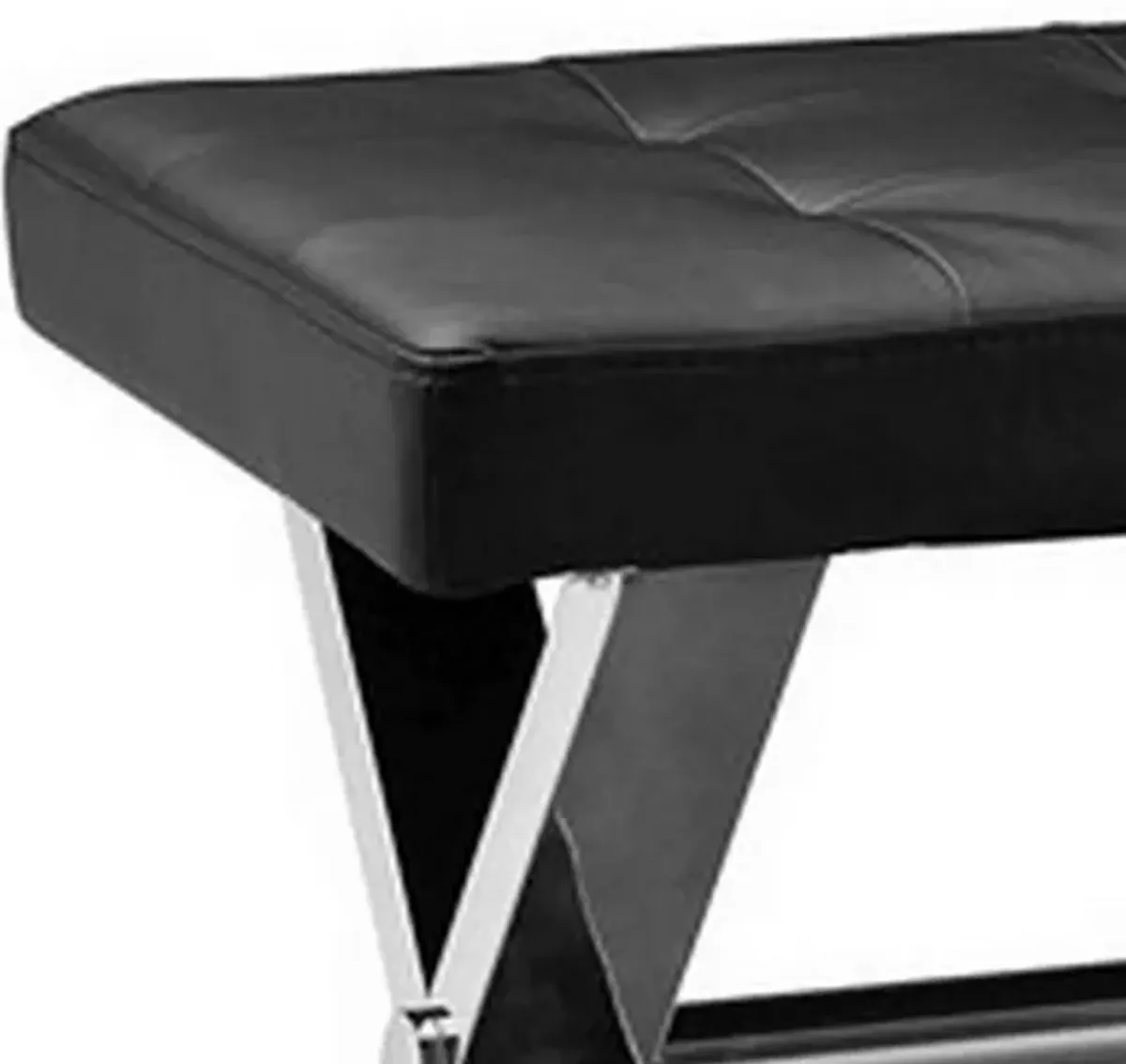 55 Inch Bench, Tufted Cushioned Seat, Smooth Black Faux Leather Upholstery - Benzara
