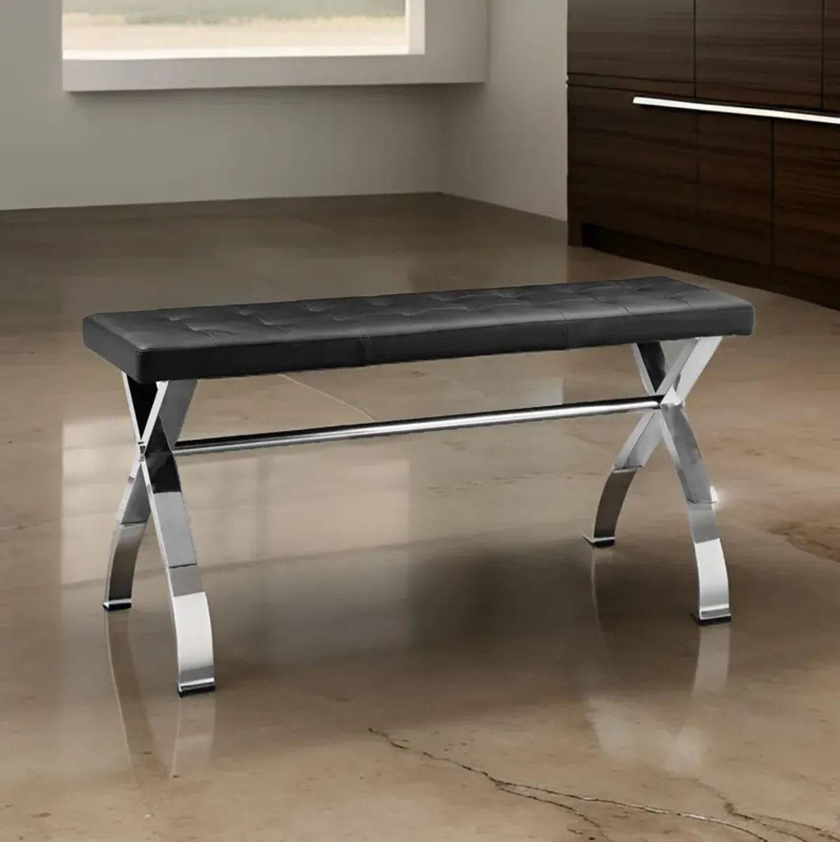 55 Inch Bench, Tufted Cushioned Seat, Smooth Black Faux Leather Upholstery - Benzara