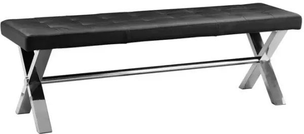 55 Inch Bench, Tufted Cushioned Seat, Smooth Black Faux Leather Upholstery - Benzara