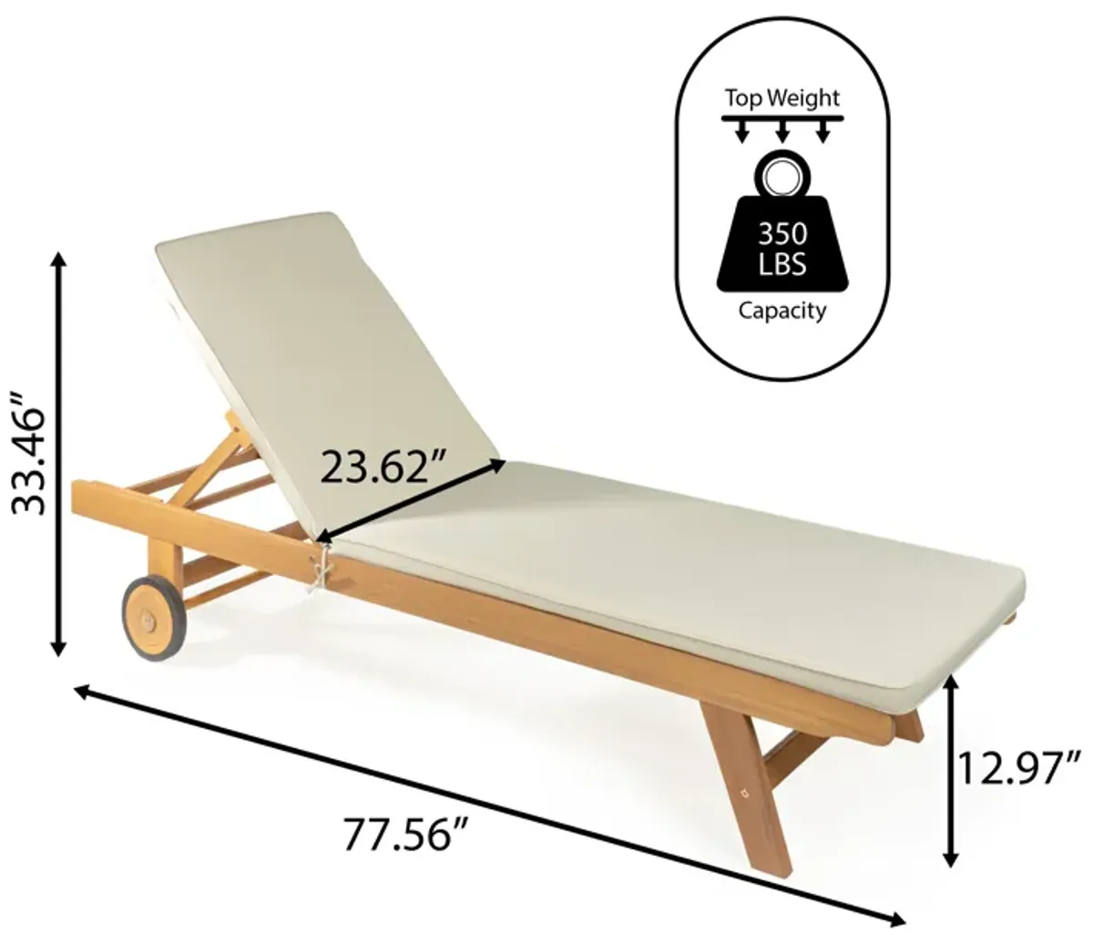 Mallorca Modern Classic Adjustable Acacia Wood Chaise Outdoor Lounge Chair with Cushion & Wheels