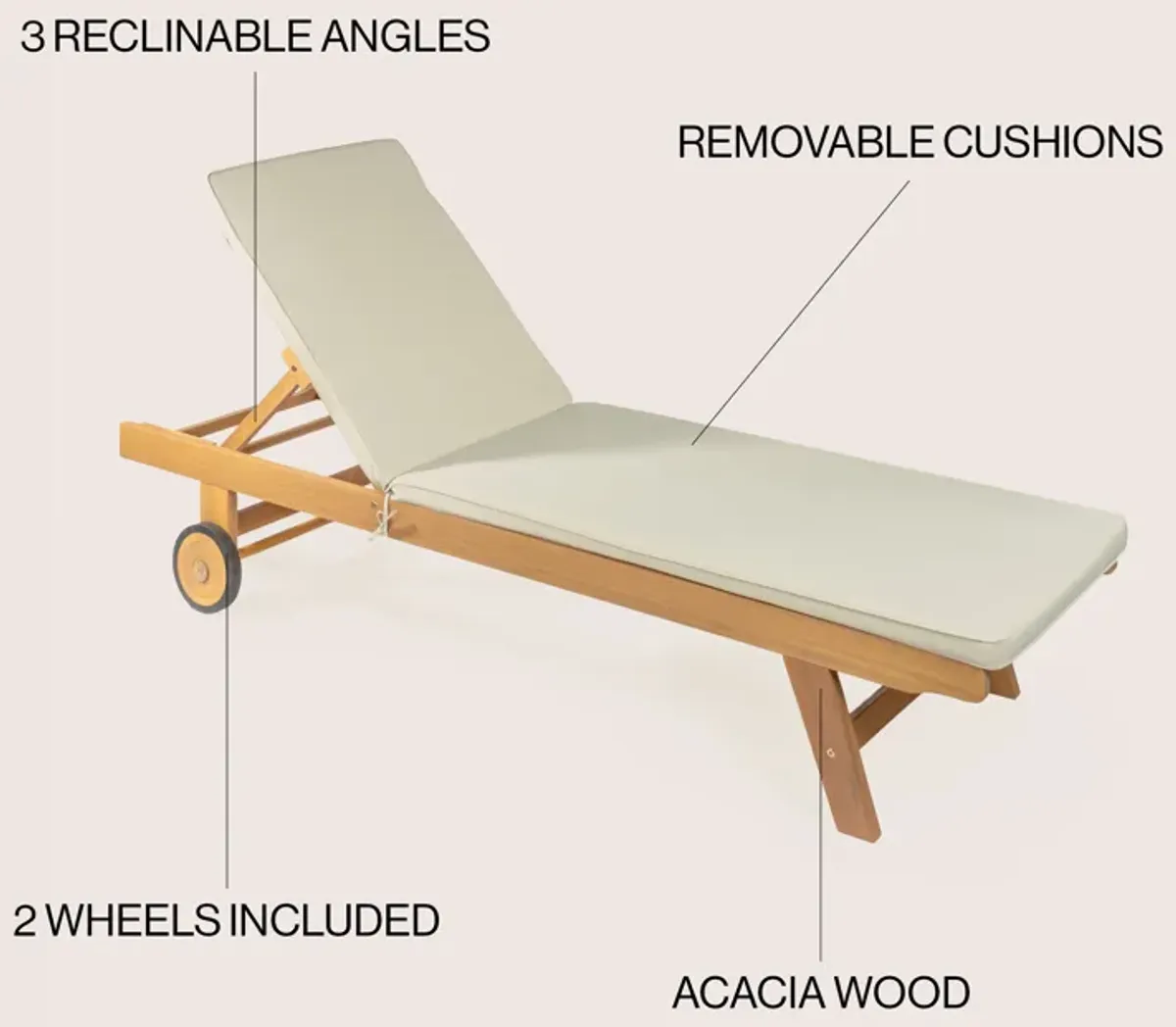 Mallorca Modern Classic Adjustable Acacia Wood Chaise Outdoor Lounge Chair with Cushion & Wheels