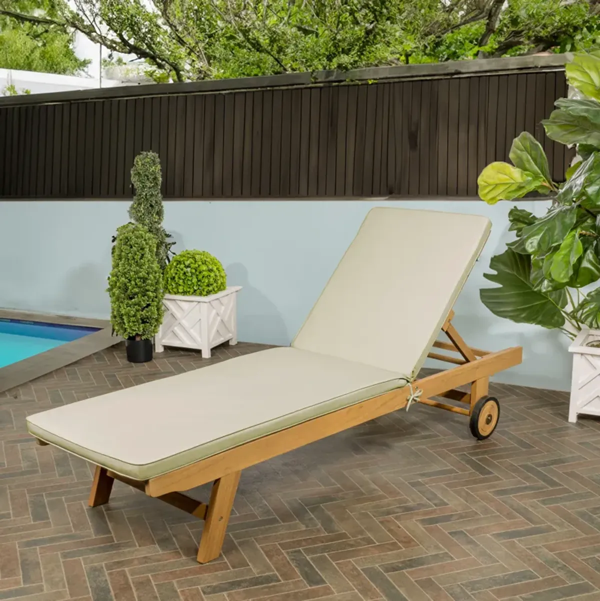 Mallorca Modern Classic Adjustable Acacia Wood Chaise Outdoor Lounge Chair with Cushion & Wheels