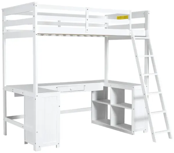 Whisen Elegant Design Twin Size Loft Bed with Desk, Drawers and Storage Shelves