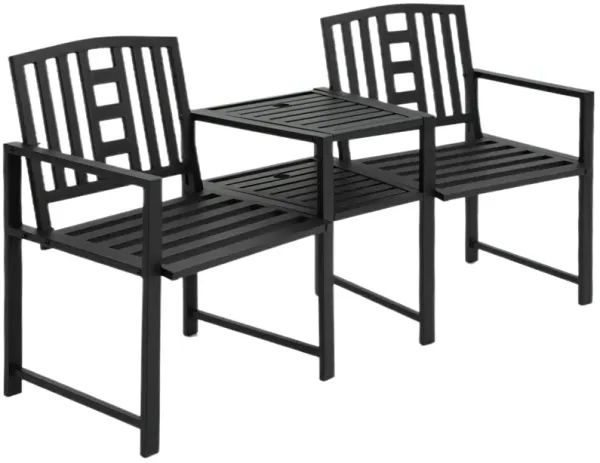 Metal Garden Seating: Loveseat Bench with Table and Umbrella Hole