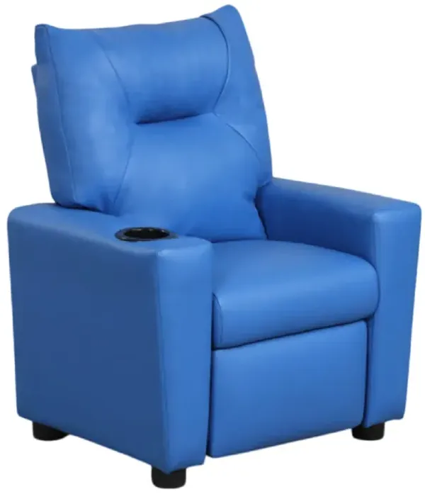 Chang Kids Recliner Chair, Built In Cupholder, Blue Faux Leather - Benzara