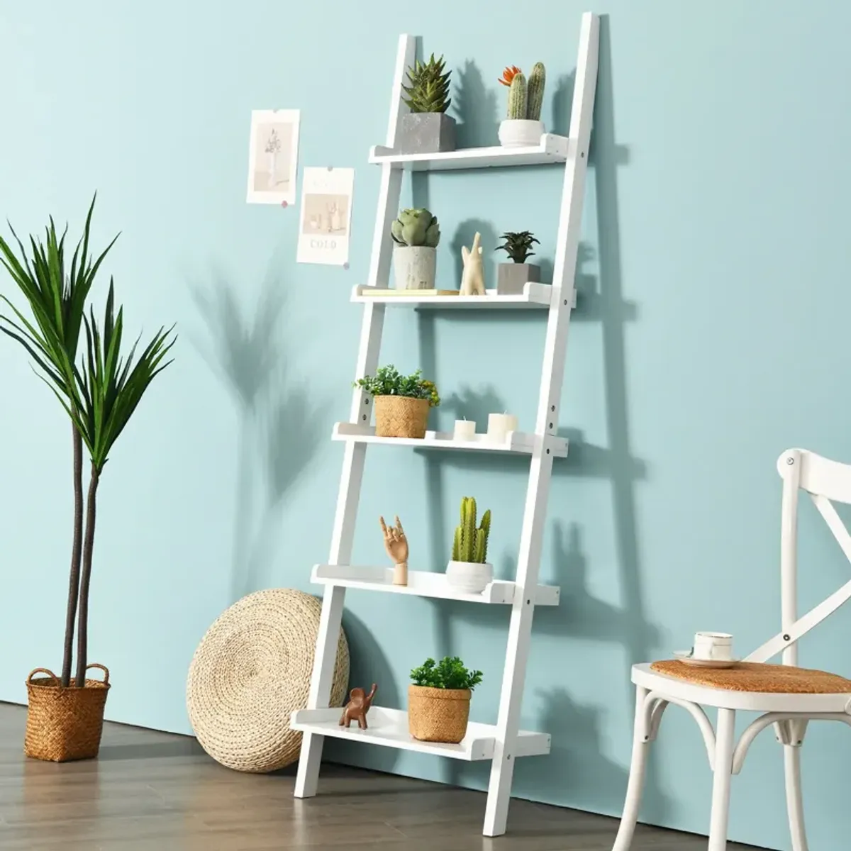 5-Tier Wall-leaning Ladder Shelf  Display Rack for Plants and Books