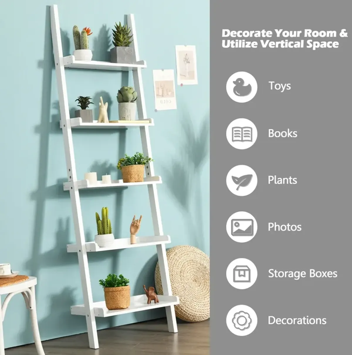 5-Tier Wall-leaning Ladder Shelf  Display Rack for Plants and Books