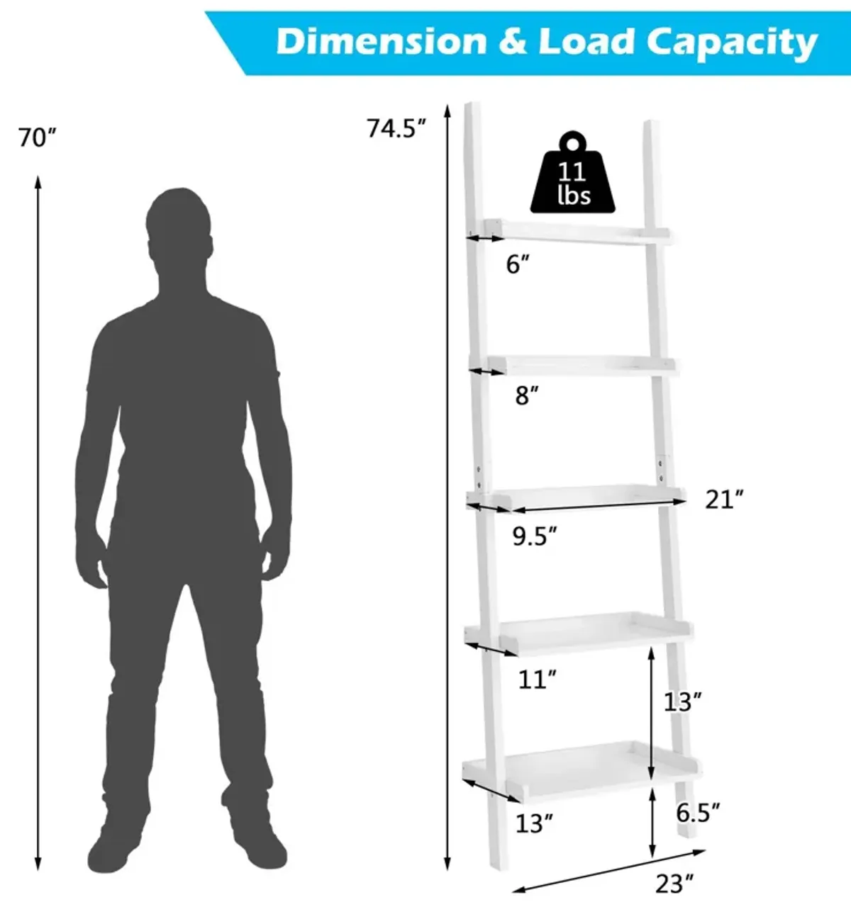 5-Tier Wall-leaning Ladder Shelf  Display Rack for Plants and Books