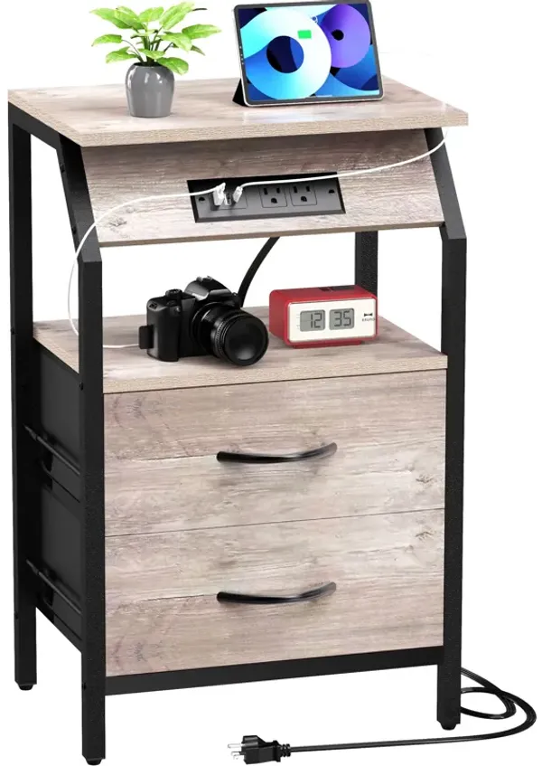 SZLHANJZ Storage End Table, Charging Nightstand with 2 Drawers, Small Fabric Dresser for Bedside, Wood and Metal Side Table for