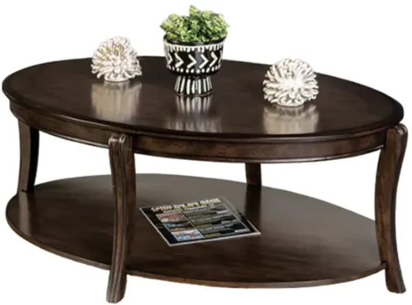 Orio Coffee Table with Open Shelves, 49 Inch Oval Top, Brown Wood