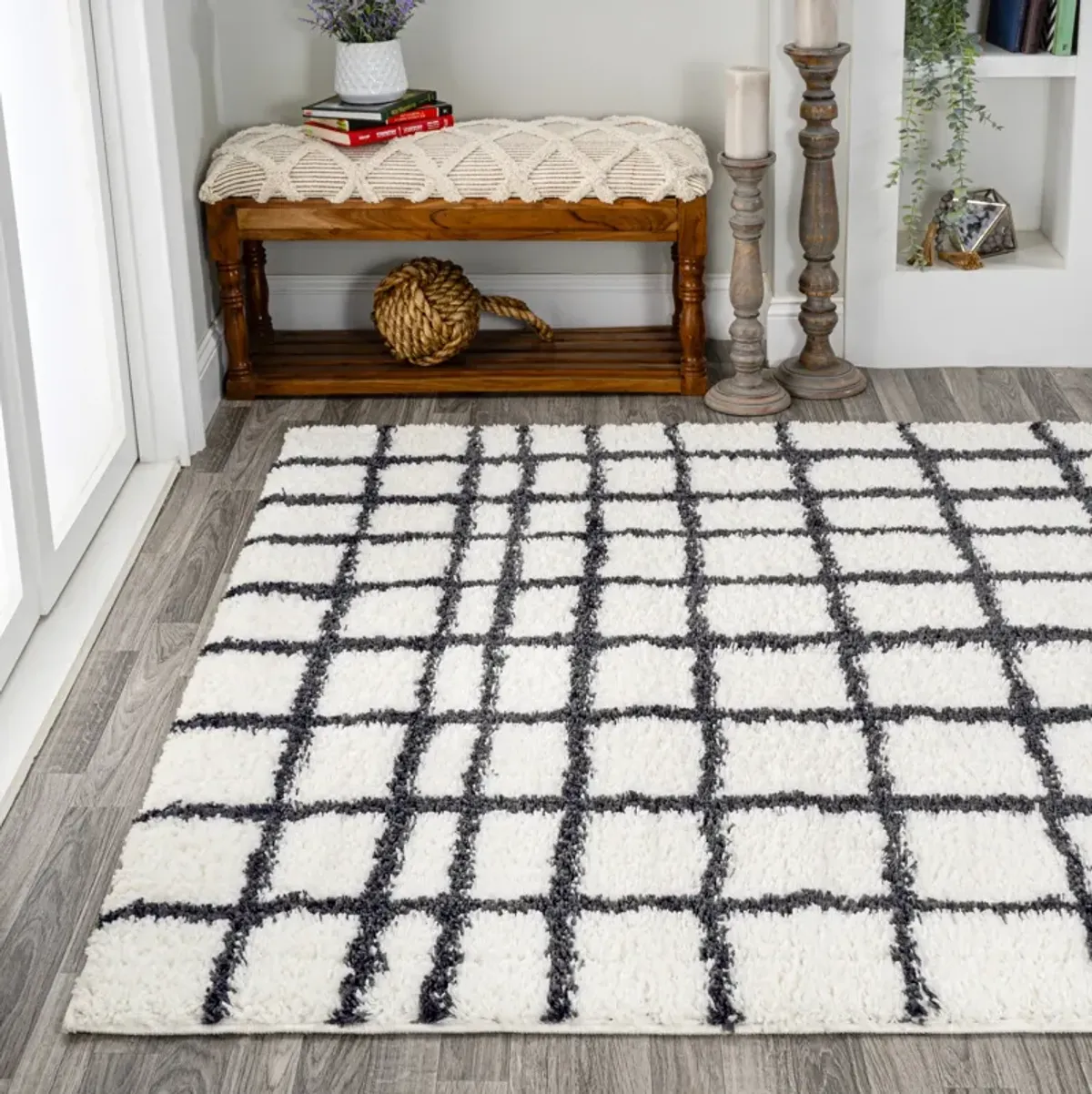 Arenal Geometric Grid Shag Area Rug