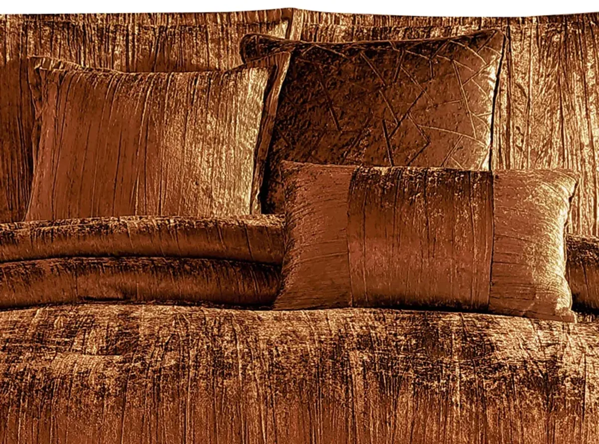 Jay 7 Piece King Comforter Set, Copper Polyester Velvet Deluxe Texture - Benzara