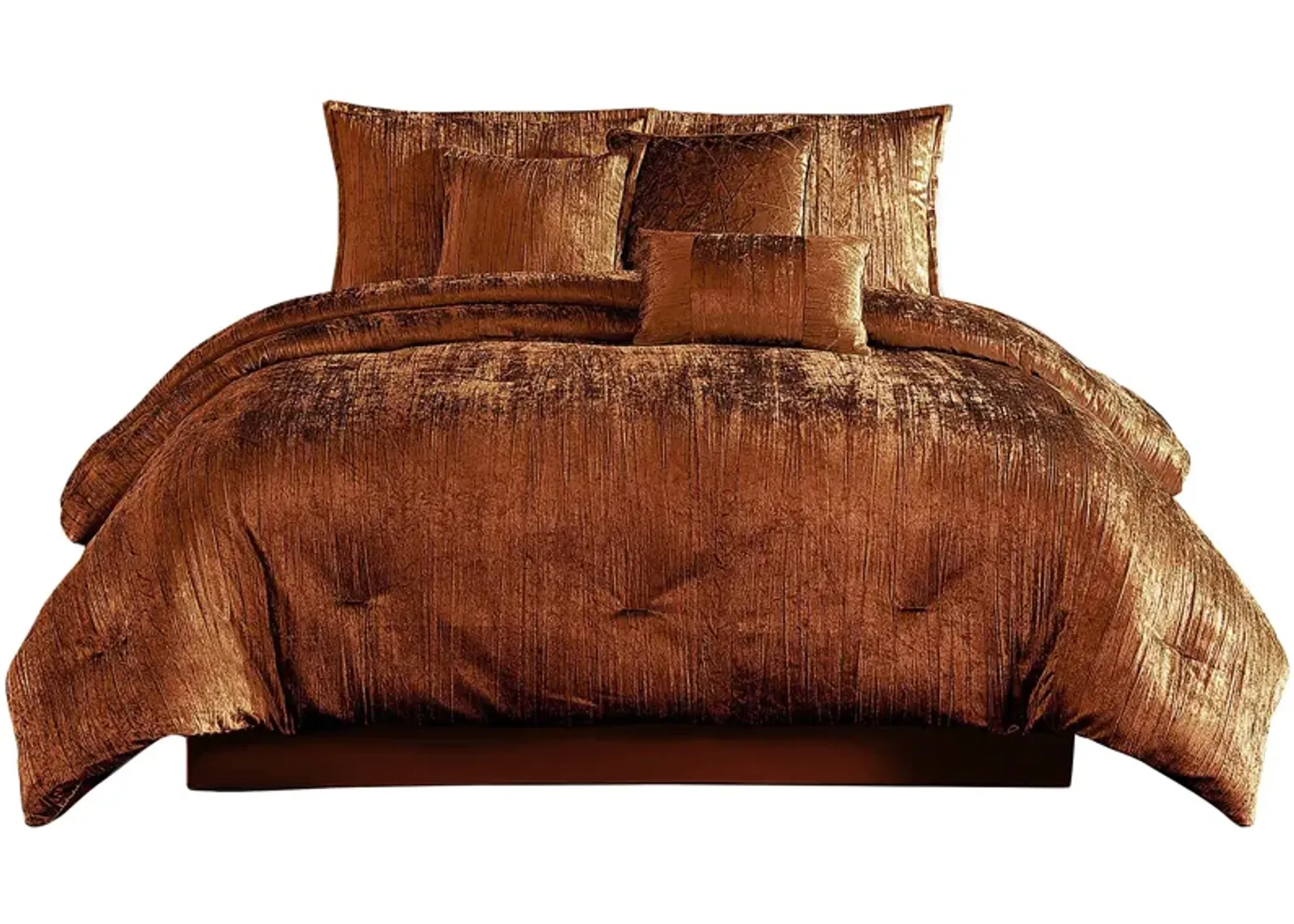 Jay 7 Piece King Comforter Set, Copper Polyester Velvet Deluxe Texture - Benzara