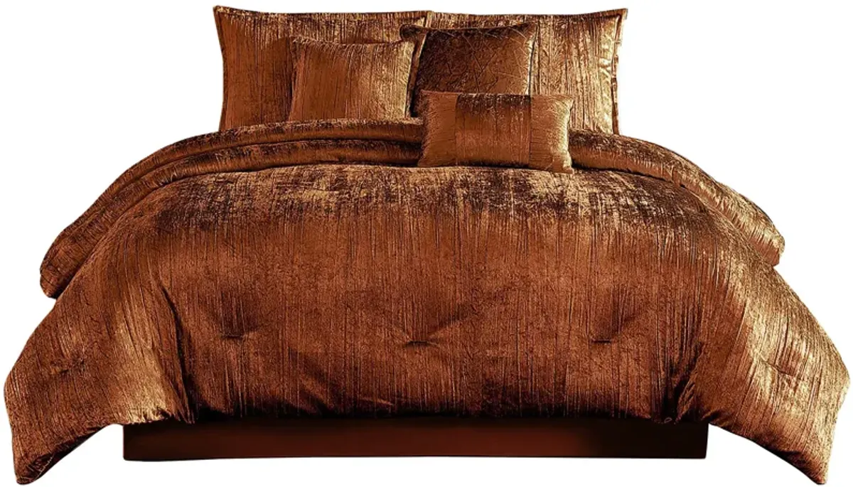 Jay 7 Piece King Comforter Set, Copper Polyester Velvet Deluxe Texture - Benzara