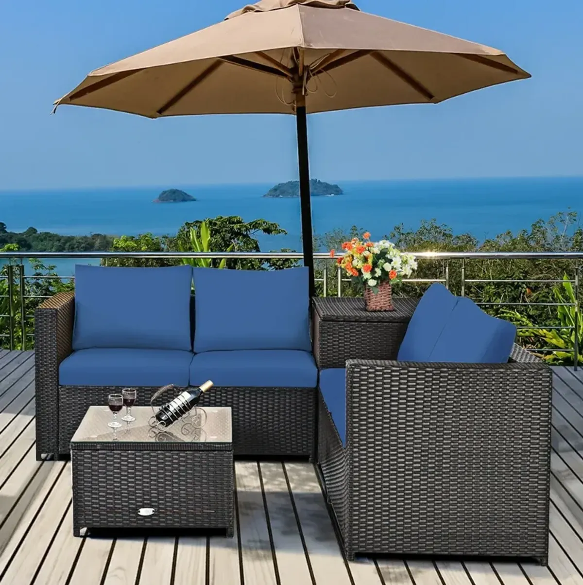 4 Pieces Outdoor Patio Rattan Furniture Set with Cushioned Loveseat and Storage Box