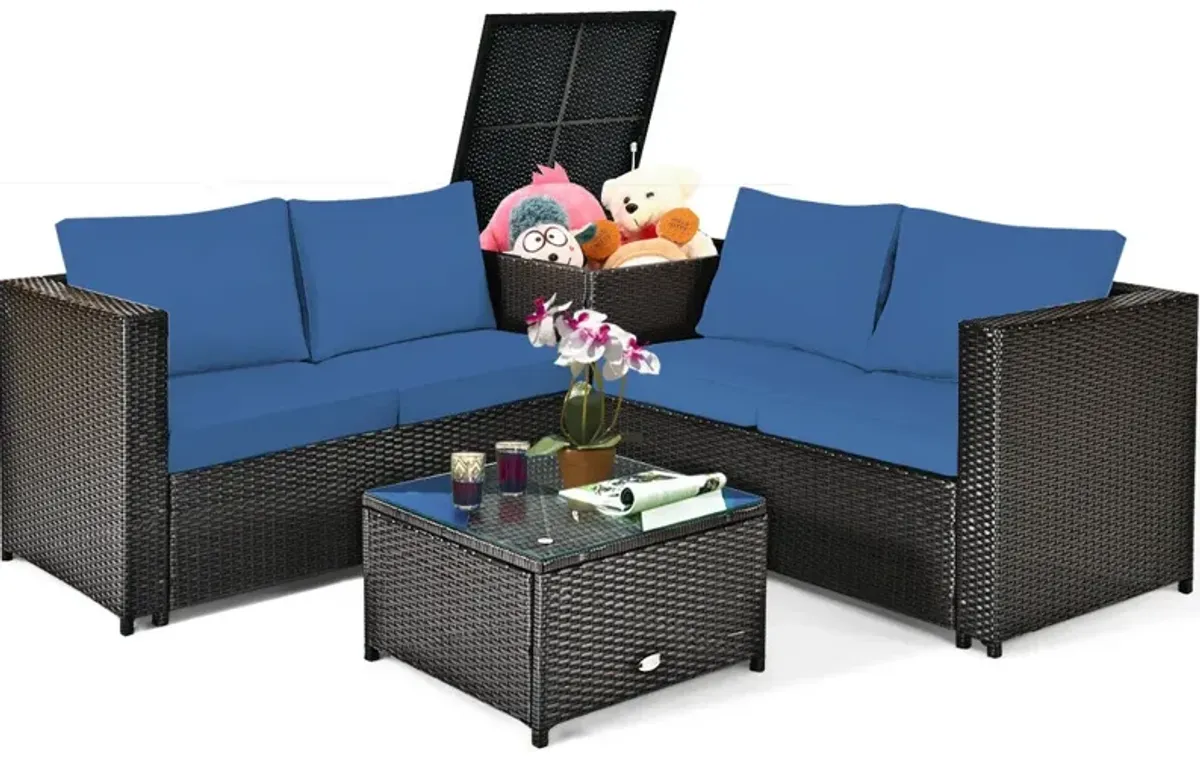 4 Pieces Outdoor Patio Rattan Furniture Set with Cushioned Loveseat and Storage Box