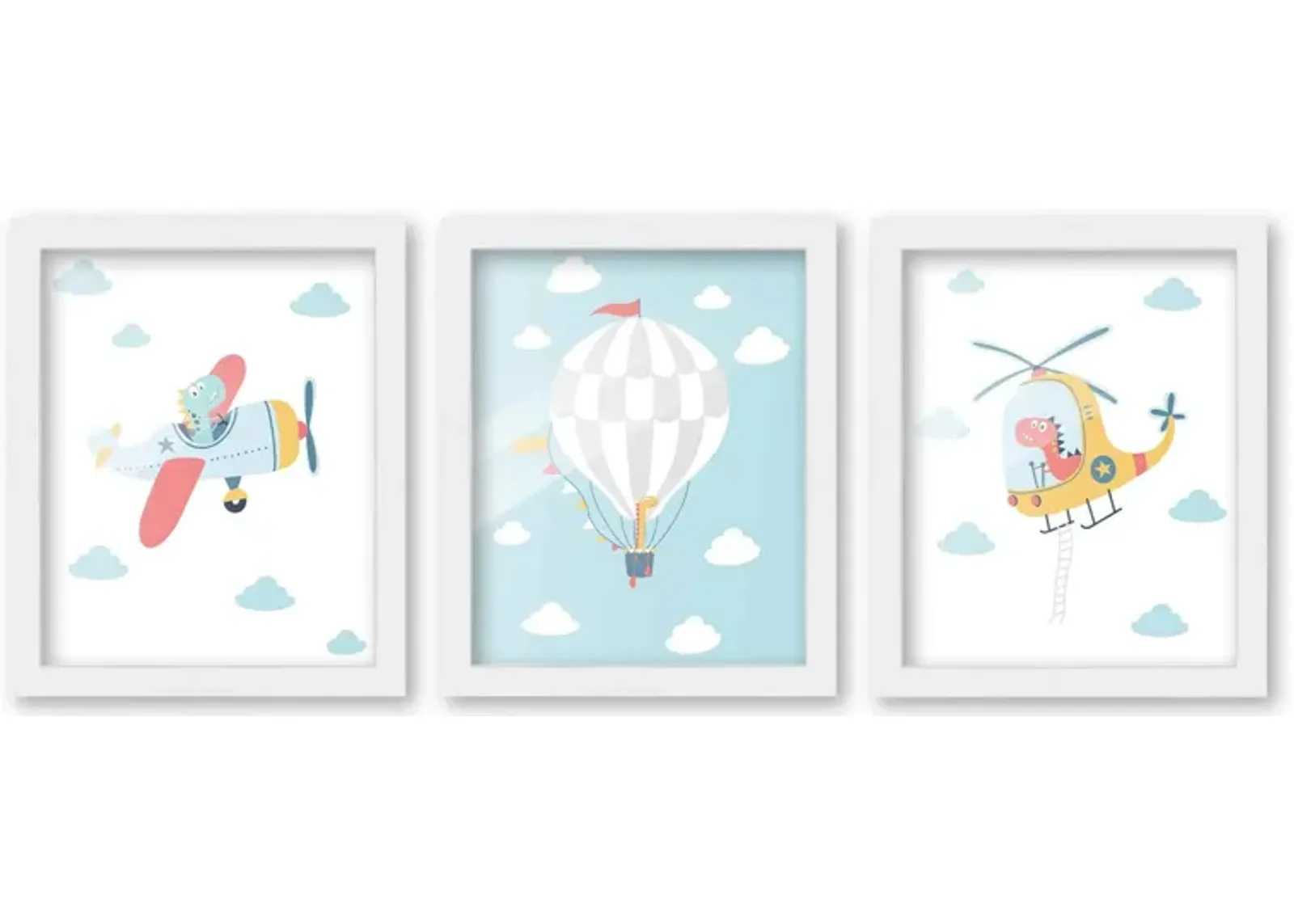 8x10 Framed Nursery Wall Art Set of 3 Hand Drawn Dinosaur Air Transporation Prints in White Wood Frames