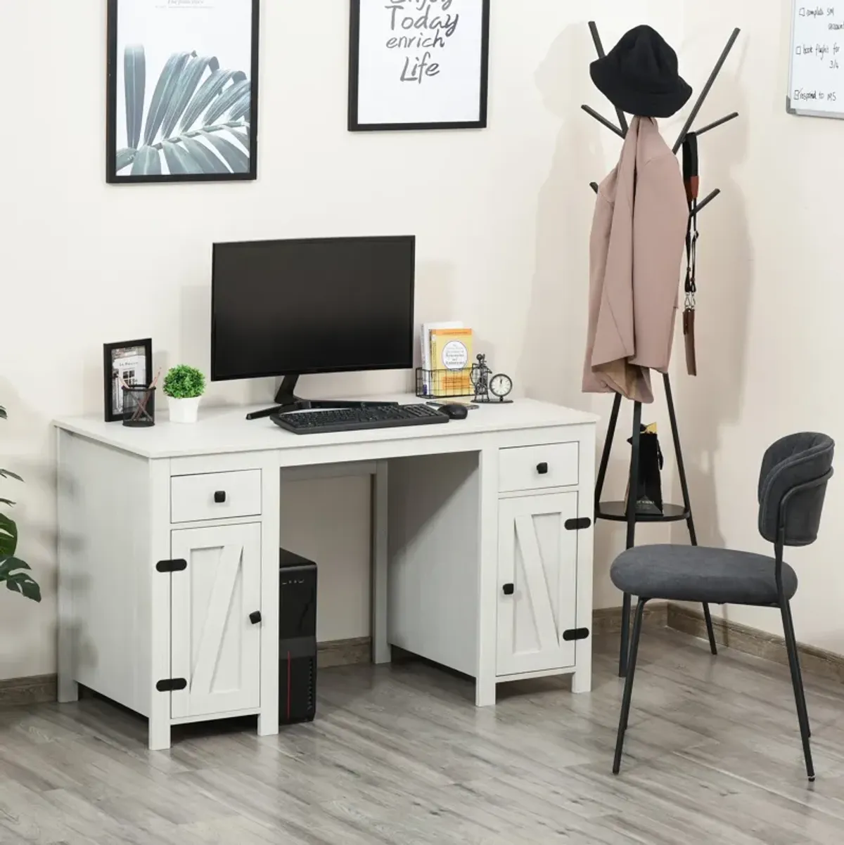 White Barn Door Desk: Home Office Writing Desk with Adjustable Shelf