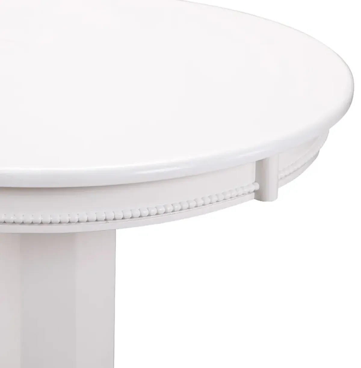 Ava 42 Inch Wood Pub Bar Table, Molded Trim, Carved Pedestal, White - Benzara