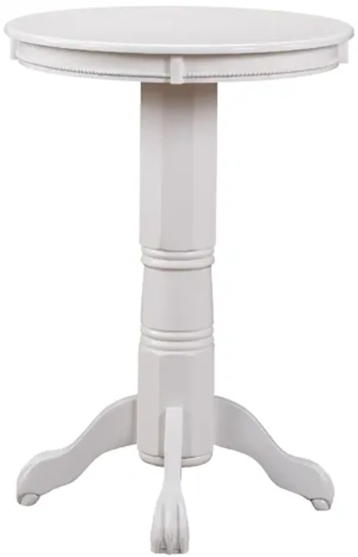 Ava 42 Inch Wood Pub Bar Table, Molded Trim, Carved Pedestal, White - Benzara