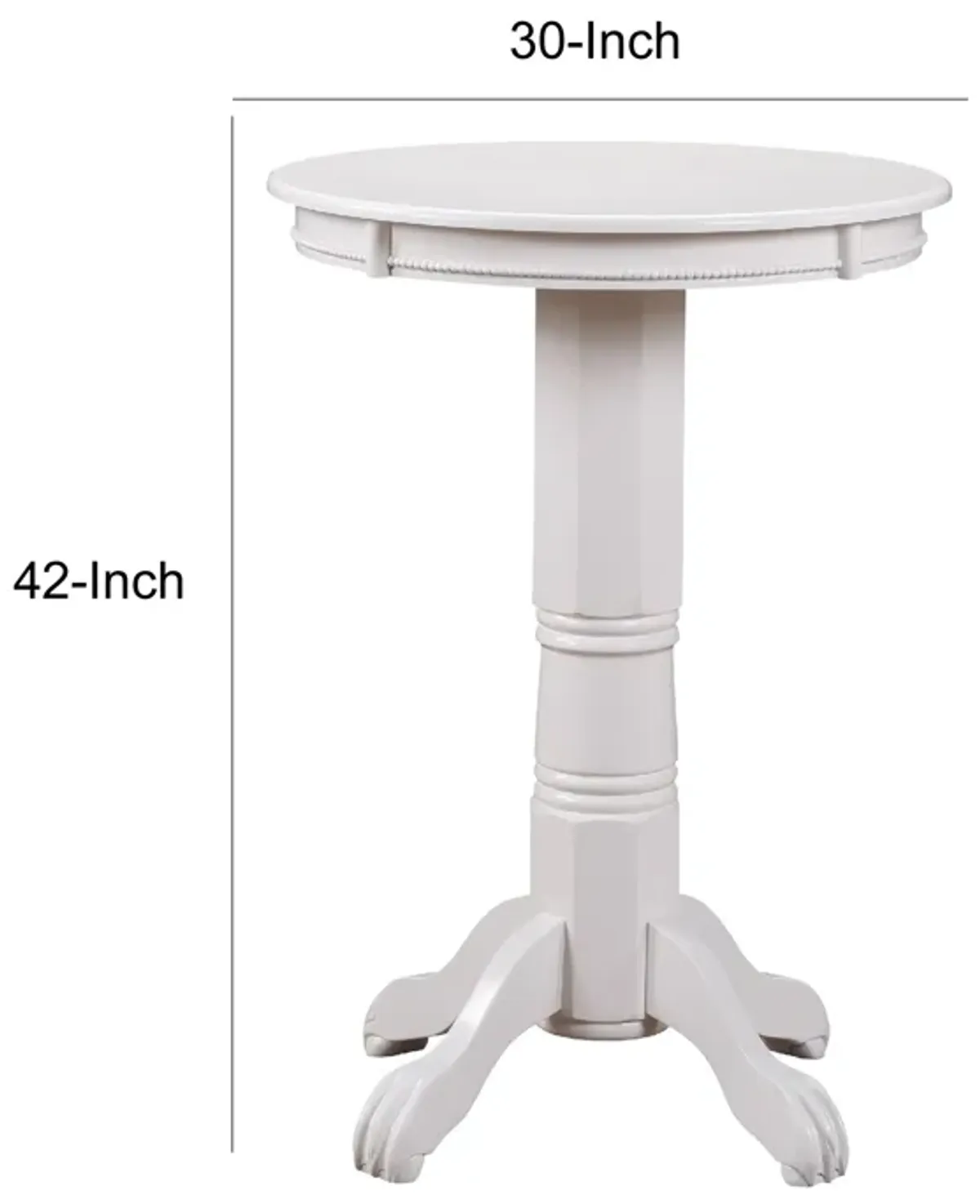 Ava 42 Inch Wood Pub Bar Table, Molded Trim, Carved Pedestal, White - Benzara