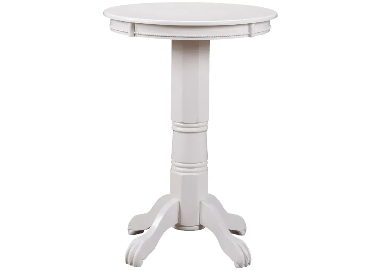 Ava 42 Inch Wood Pub Bar Table, Molded Trim, Carved Pedestal, White - Benzara