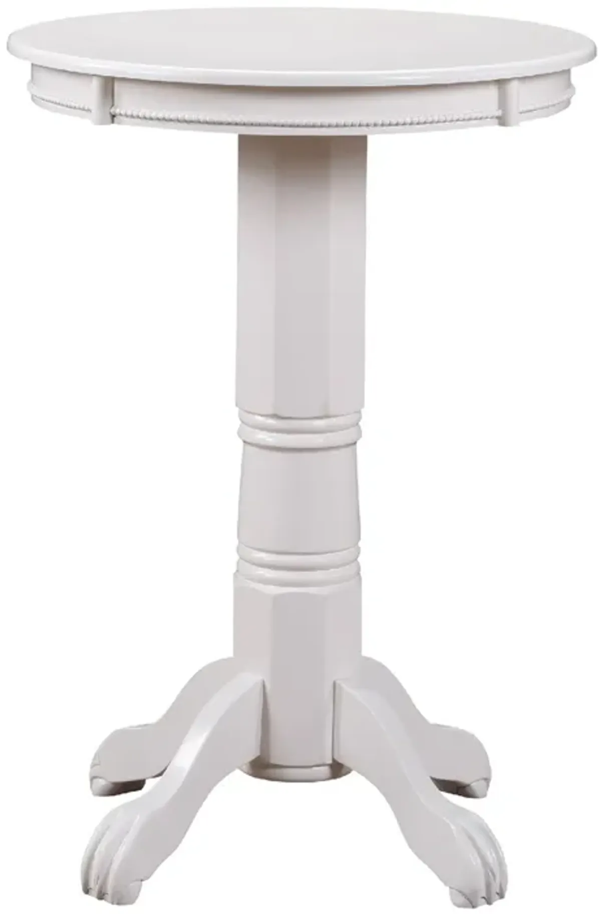 Ava 42 Inch Wood Pub Bar Table, Molded Trim, Carved Pedestal, White - Benzara