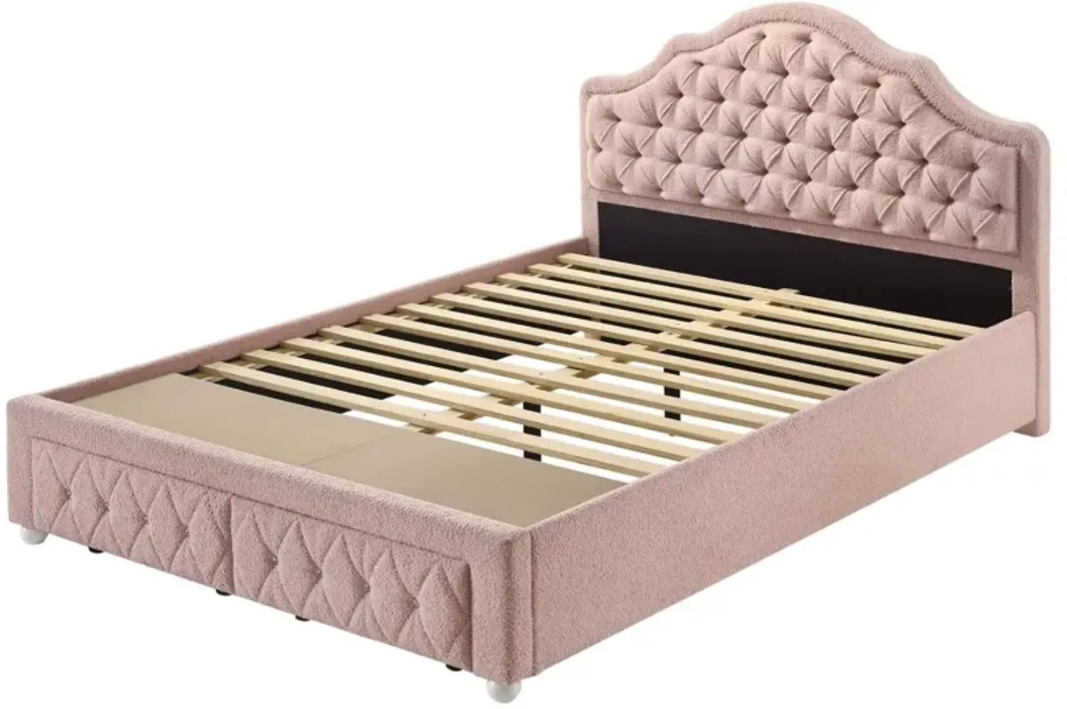 Ashly Full Platform Bed with Storage, Pink Diamond Button-Tuft Boucle - Benzara