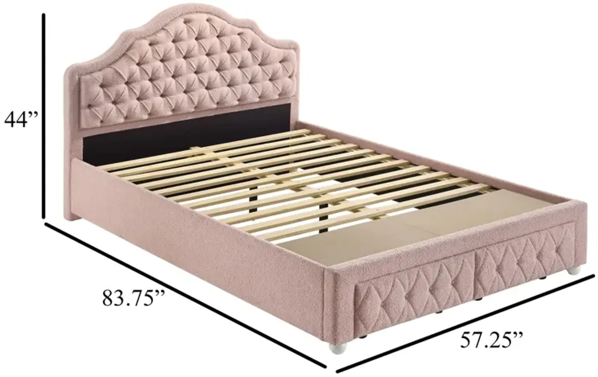 Ashly Full Platform Bed with Storage, Pink Diamond Button-Tuft Boucle - Benzara