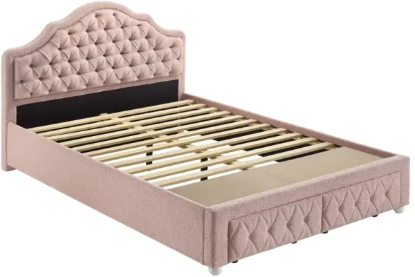 Ashly Full Platform Bed with Storage, Pink Diamond Button-Tuft Boucle - Benzara