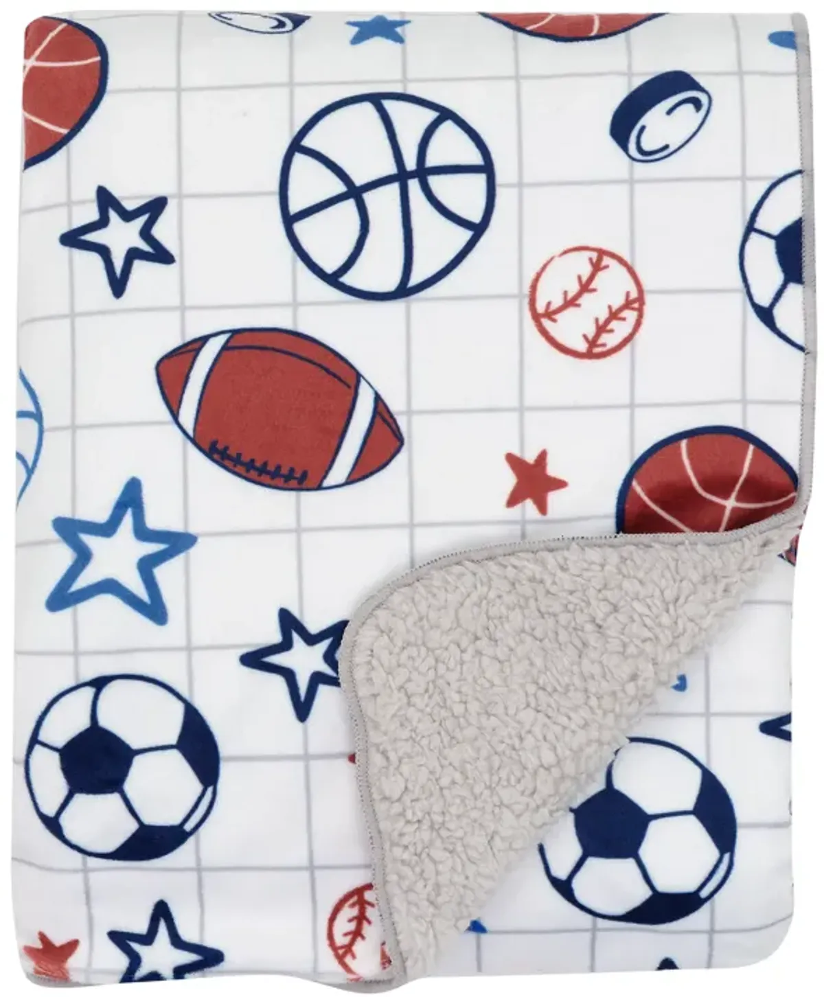 Lambs & Ivy Baby Sports White Fleece Baby Blanket - Football/Basketball/Baseball