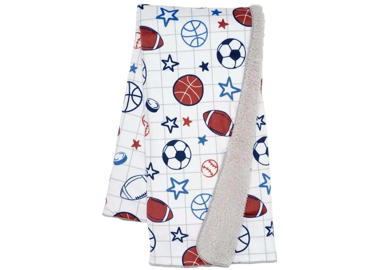 Lambs & Ivy Baby Sports White Fleece Baby Blanket - Football/Basketball/Baseball