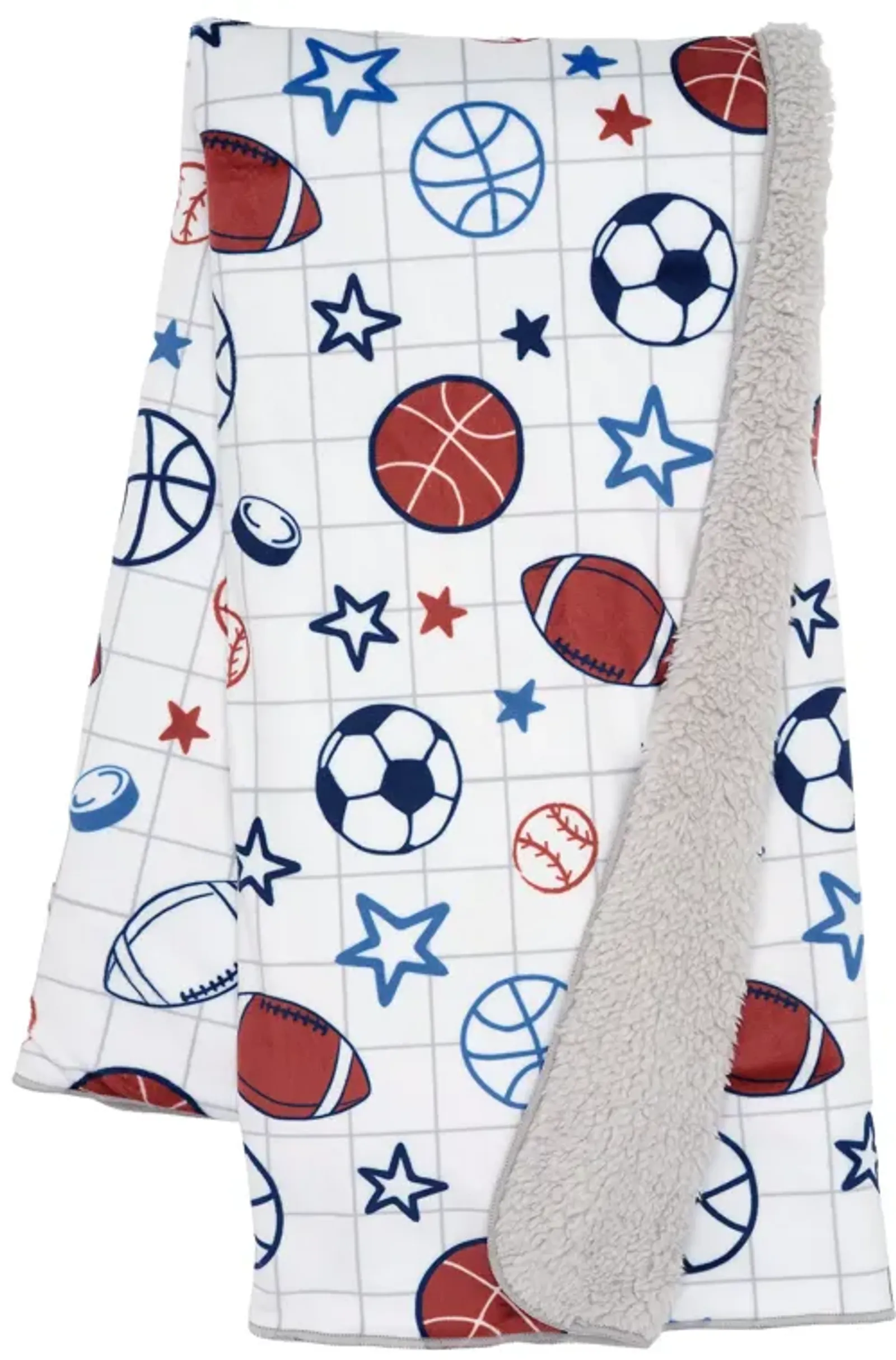 Lambs & Ivy Baby Sports White Fleece Baby Blanket - Football/Basketball/Baseball