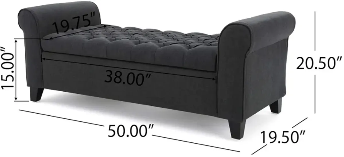 Shawn Storage Bench with Rolled Arms, 50 Inch Button Tufted Dark Gray  - Benzara