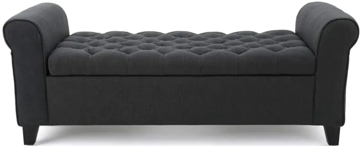 Shawn Storage Bench with Rolled Arms, 50 Inch Button Tufted Dark Gray  - Benzara