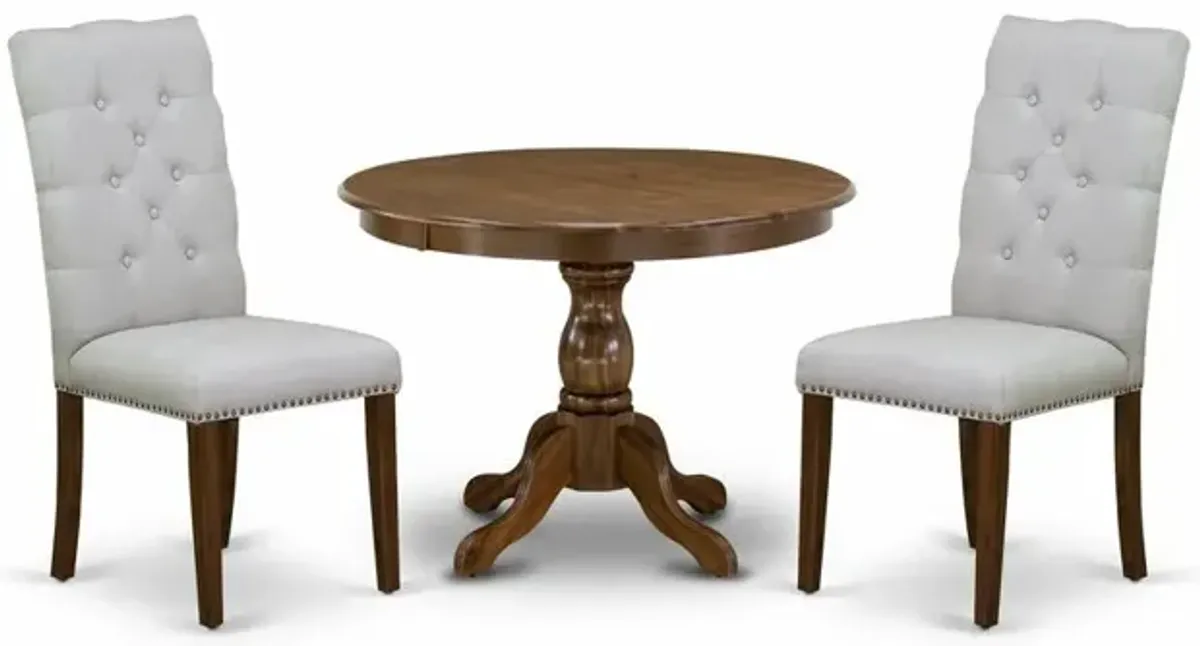 East West Furniture HBEL3-AWA-05 3 Piece Dining Table Set - Acacia Walnut Small Kitchen Table and 2 Grey Linen Fabric Dining Chairs with Panel Back - Acacia Walnut Finish