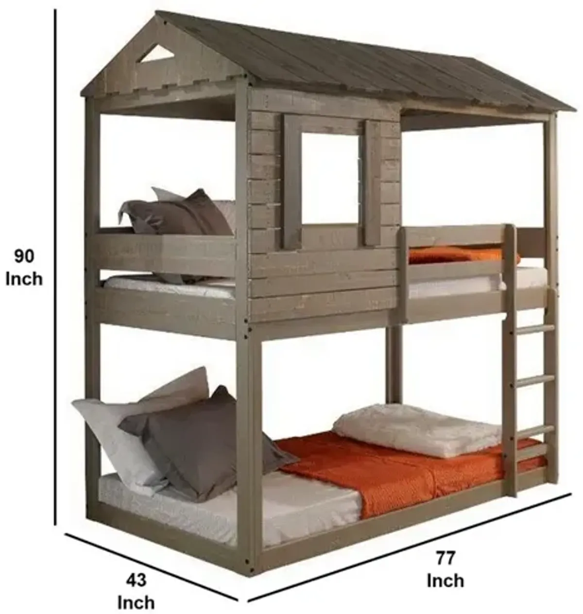 Twin Size Wooden Bunk Bed with House Design, Brown-Benzara