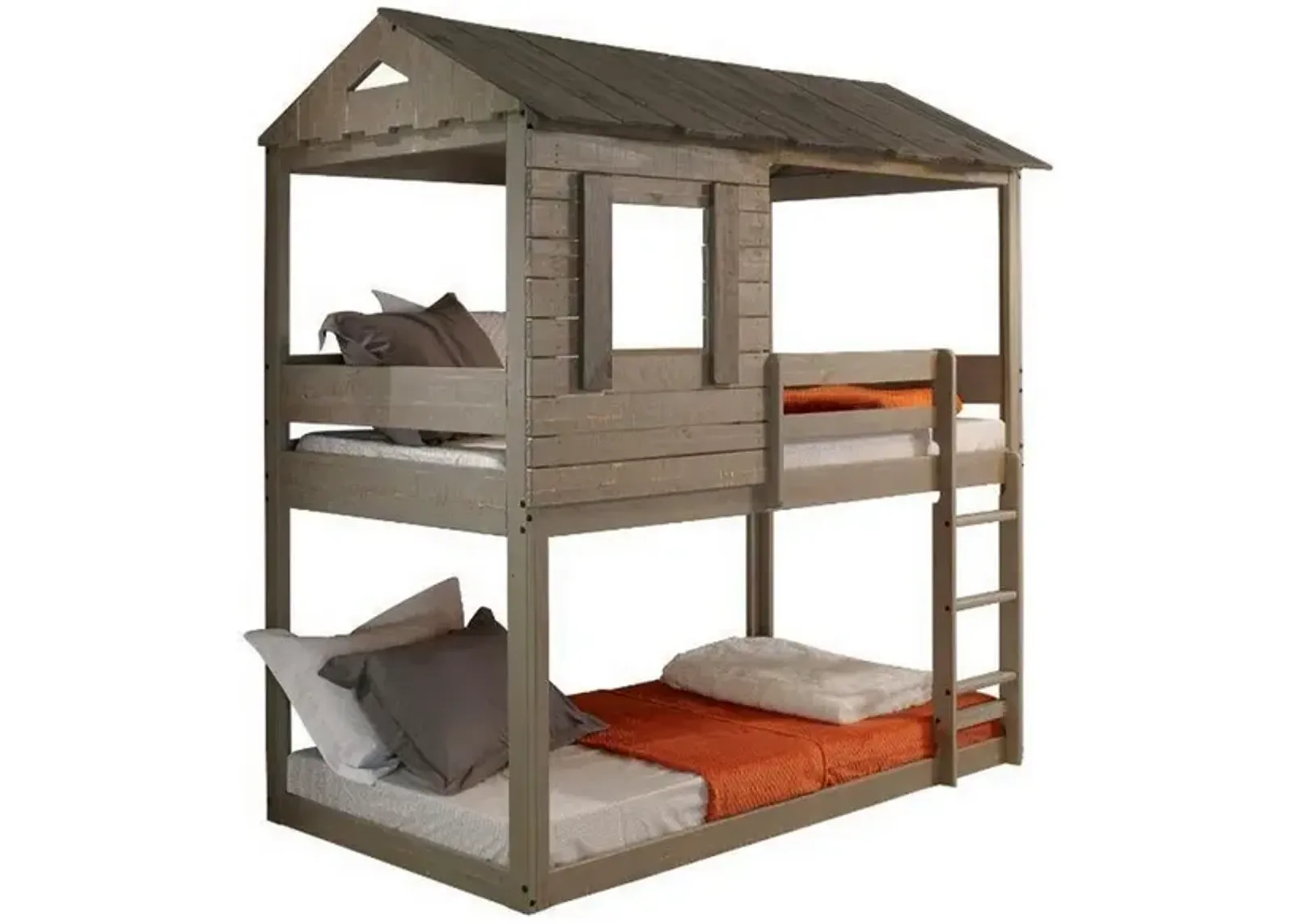 Twin Size Wooden Bunk Bed with House Design, Brown-Benzara