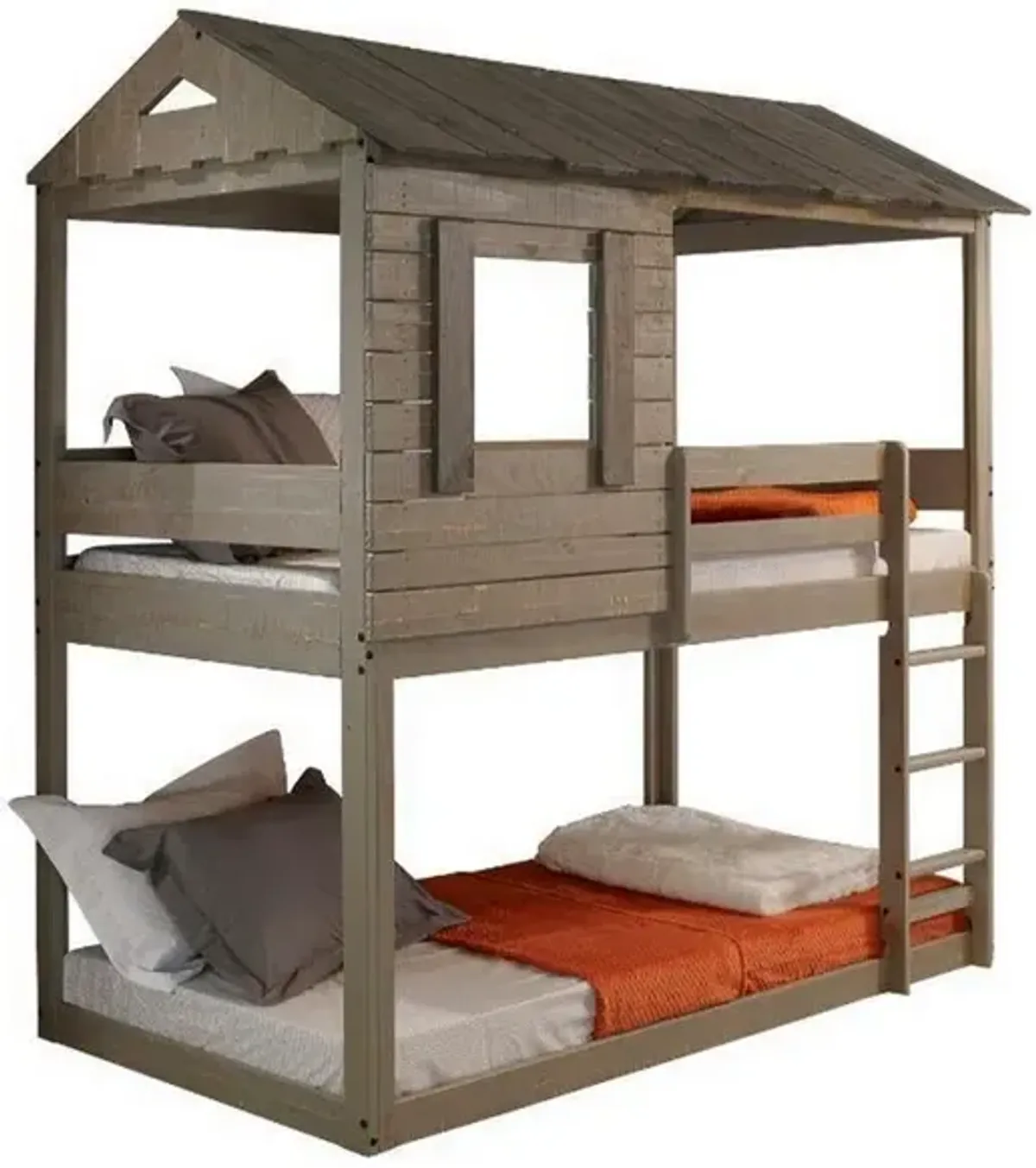 Twin Size Wooden Bunk Bed with House Design, Brown-Benzara