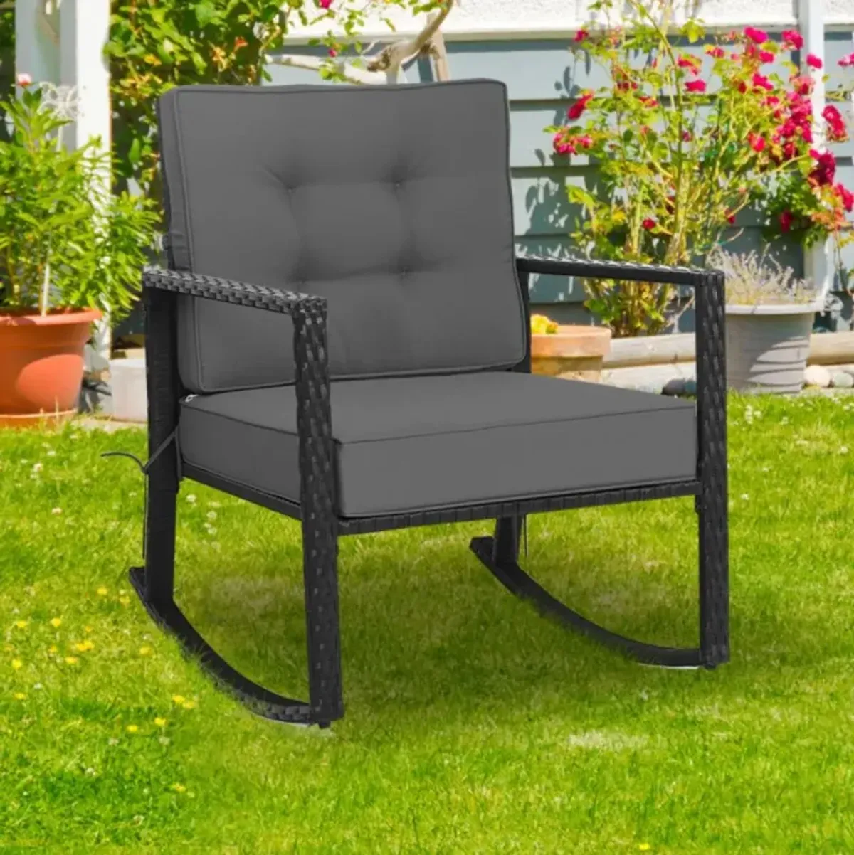 Hivvago Patio Rattan Rocker Outdoor Glider Rocking Chair Cushion Lawn